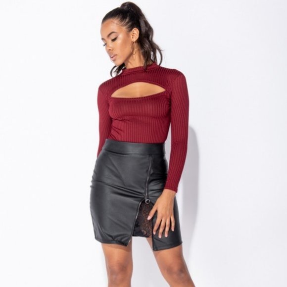 Burgundy Rib Knit Long Sleeve High Neck Cutout Bodycon Bodysuit Leotard Top - Picture 3 of 8